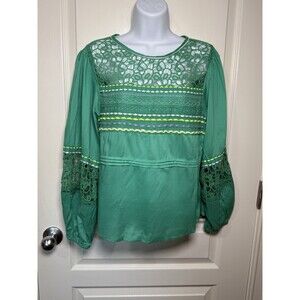 bl^nk Blank Anthropologie Blouse Small Green Peasant Lace Sleeves EUC